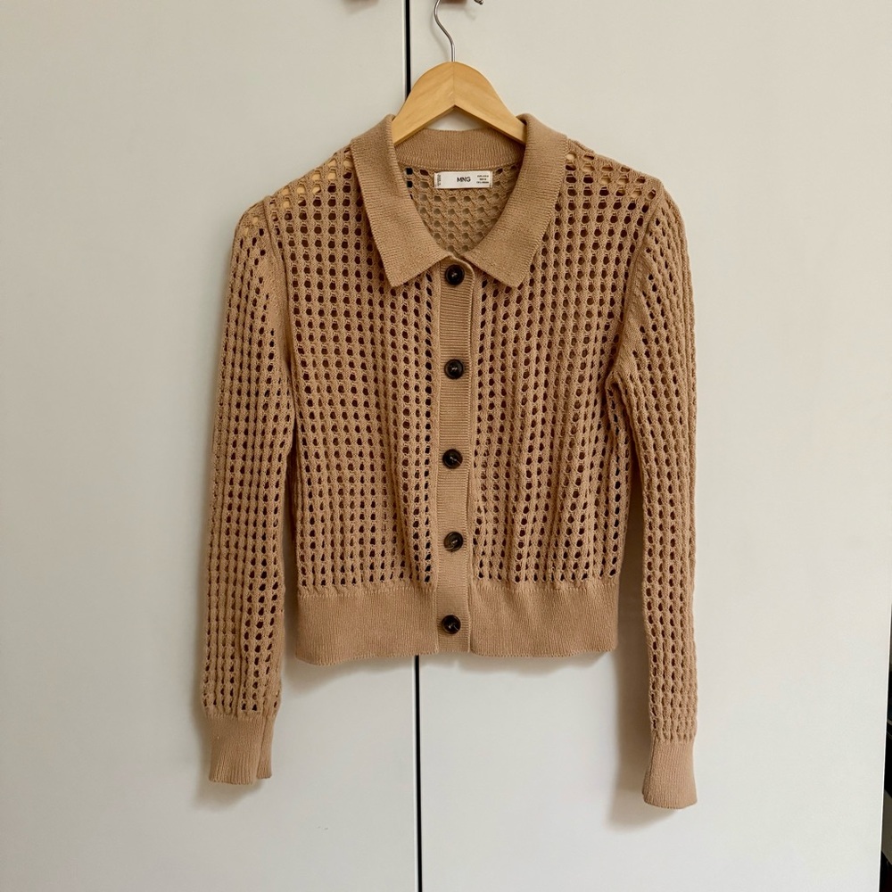 Mango Tan Grid Knit Button-Up Sweater